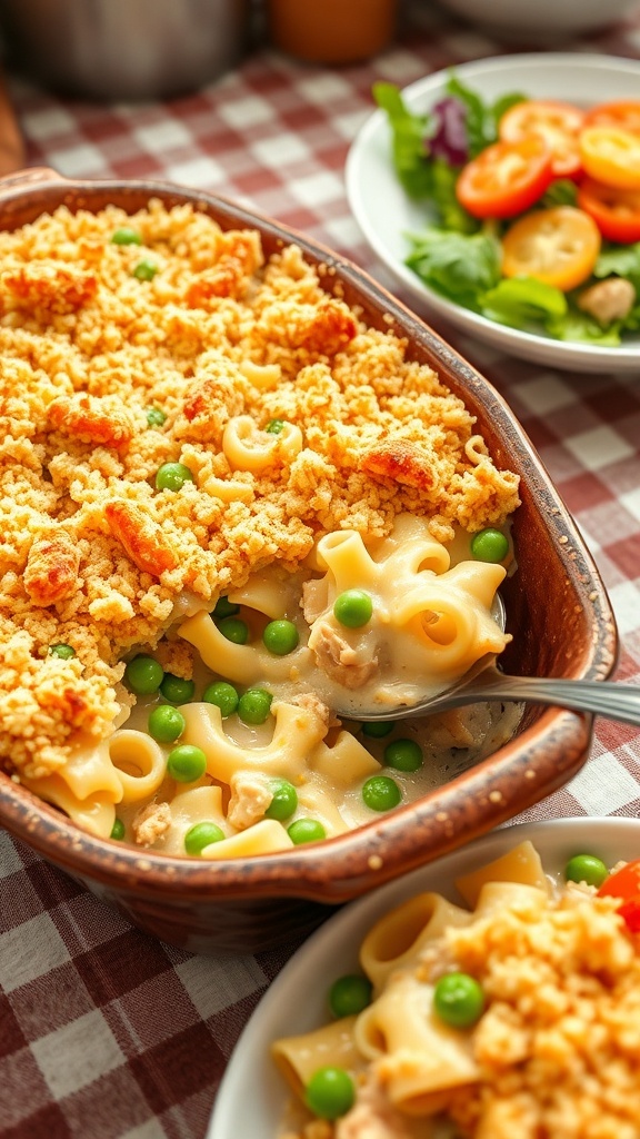 A baked tuna noodle casserole with breadcrumbs on top, served in a rustic dish, surrounded by a cozy kitchen setting.